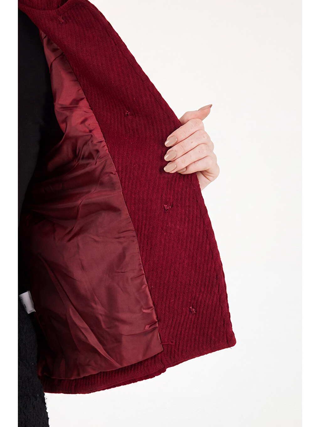 Bordo Düğmeli Yün Karışımlı Cep Detaylı Kadın Mont 6811140-5