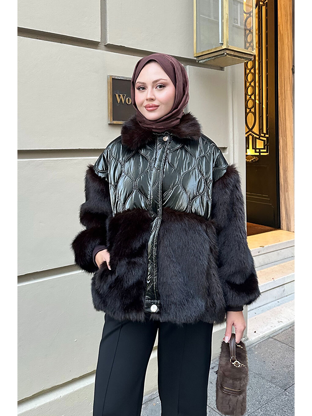 Kadın Kolları Pelüş Detay Mont Haki Yeşil-2