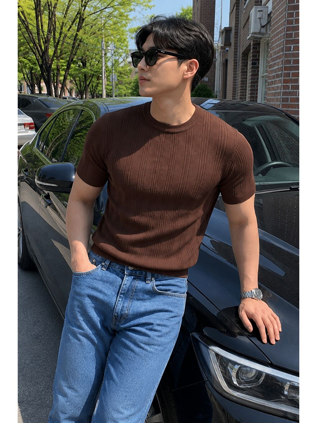 Kahverengi Old Money Fit Bisiklet Yaka Çizgili Triko T-Shirt – Slim Kalıp Premium Kahve-1