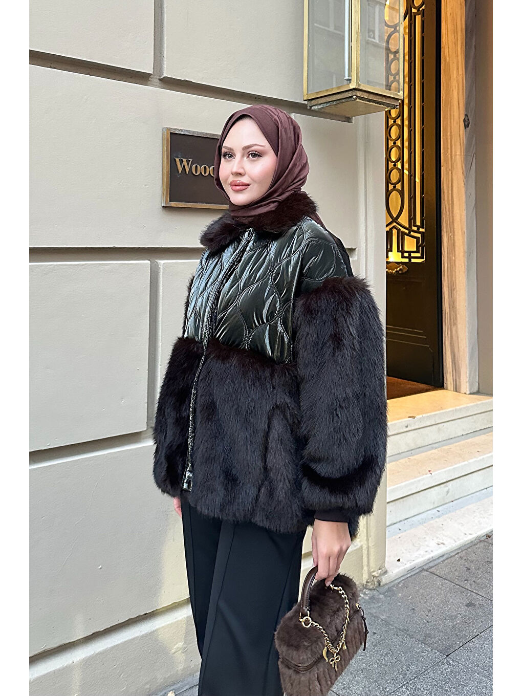 Kadın Kolları Pelüş Detay Mont Haki Yeşil-3