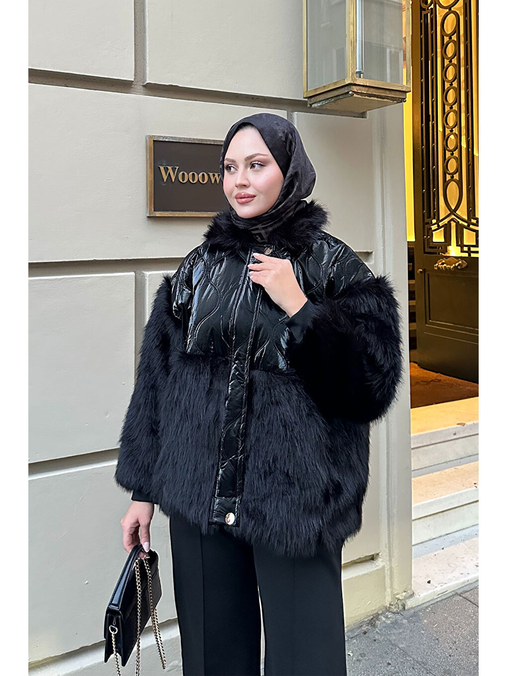 Kadın Kolları Pelüş Detay Mont Siyah-2