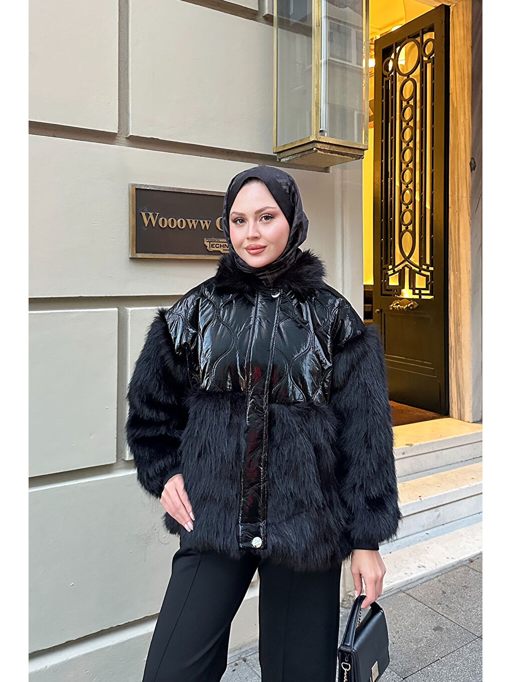 Kadın Kolları Pelüş Detay Mont Siyah-4