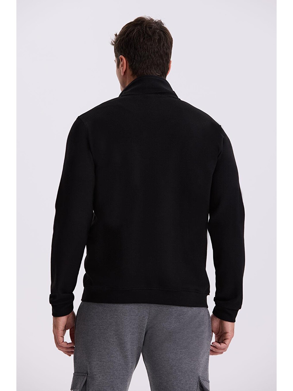 Siyah Slim Fit Fermuarlı Pamuklu Elastanlı Eşofman Üstü-3