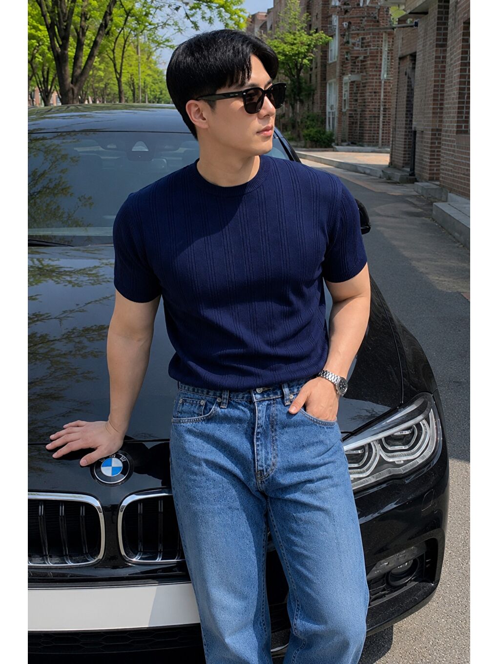 Lacivert Old Money Fit Bisiklet Yaka Çizgili Triko T-Shirt – Slim Kalıp Premium Kahve-1