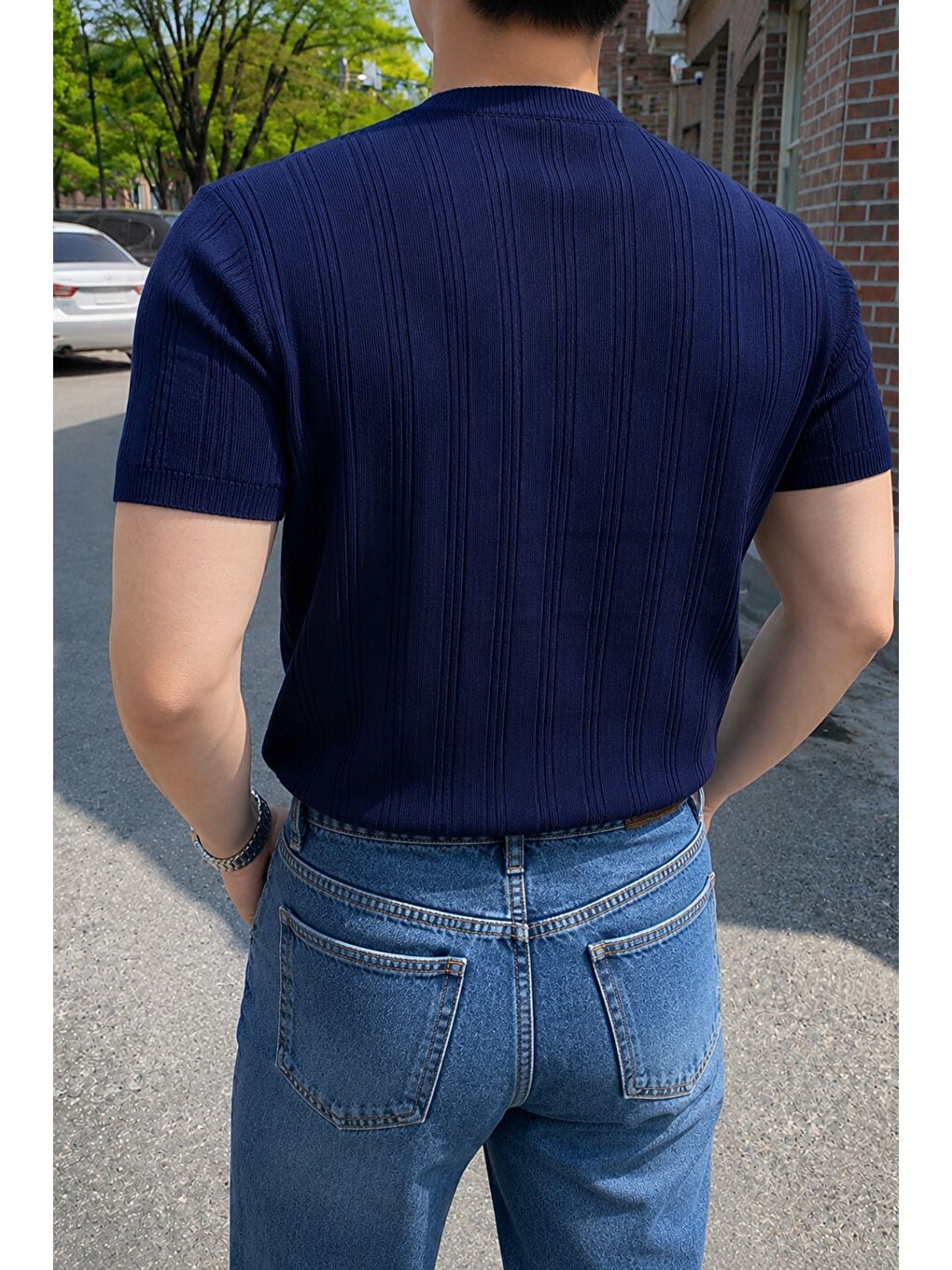 Lacivert Old Money Fit Bisiklet Yaka Çizgili Triko T-Shirt – Slim Kalıp Premium Kahve-2