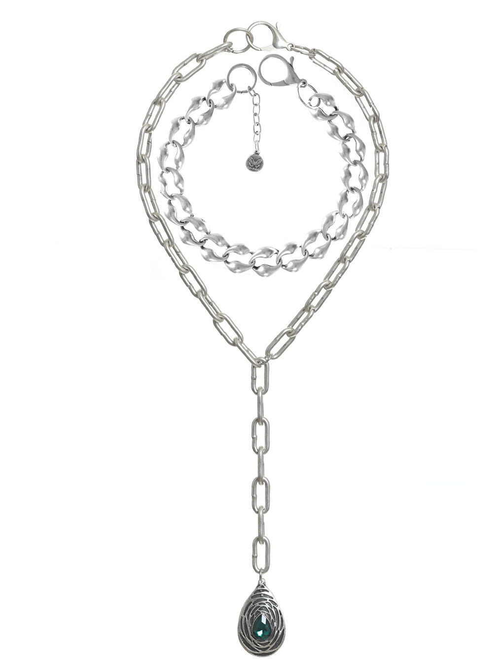 Gri Kadın Antik Gümüş Kaplama 2' li Damla Uçlu Kolye& Choker-2