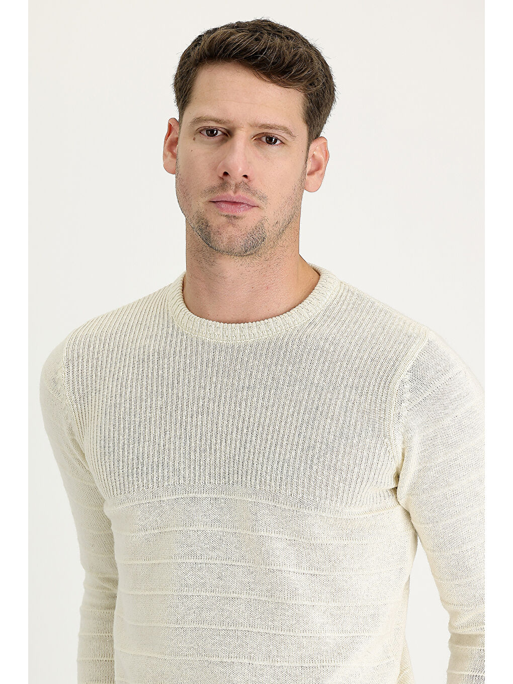 Ekru Bisiklet Yaka Slim Fit Dar Kesim Desenli Triko Büyük Beden Kazak