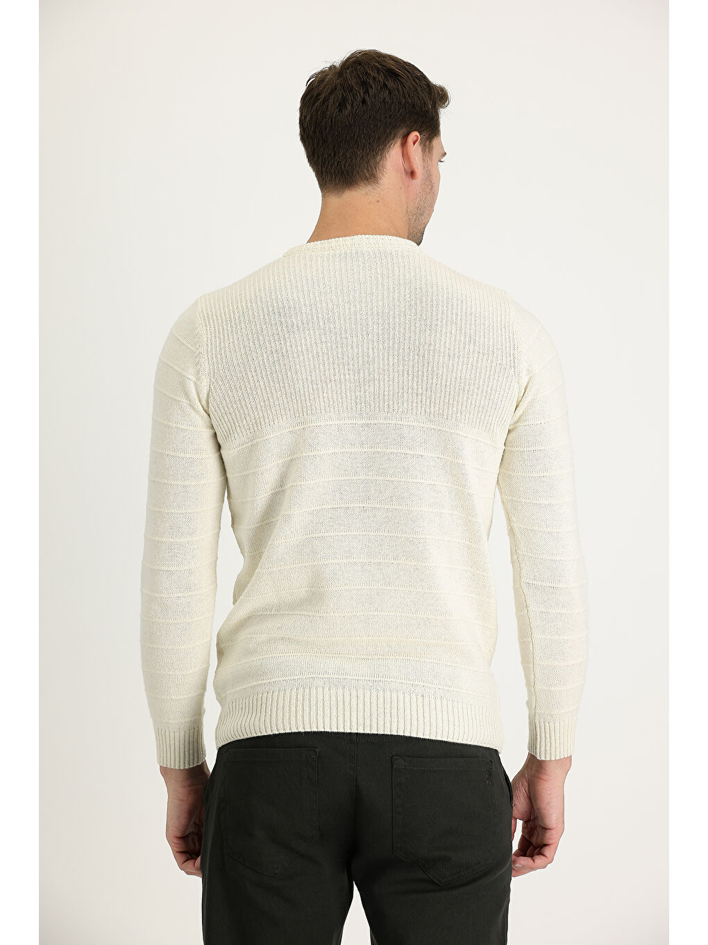 Ekru Bisiklet Yaka Slim Fit Dar Kesim Desenli Triko Büyük Beden Kazak-2