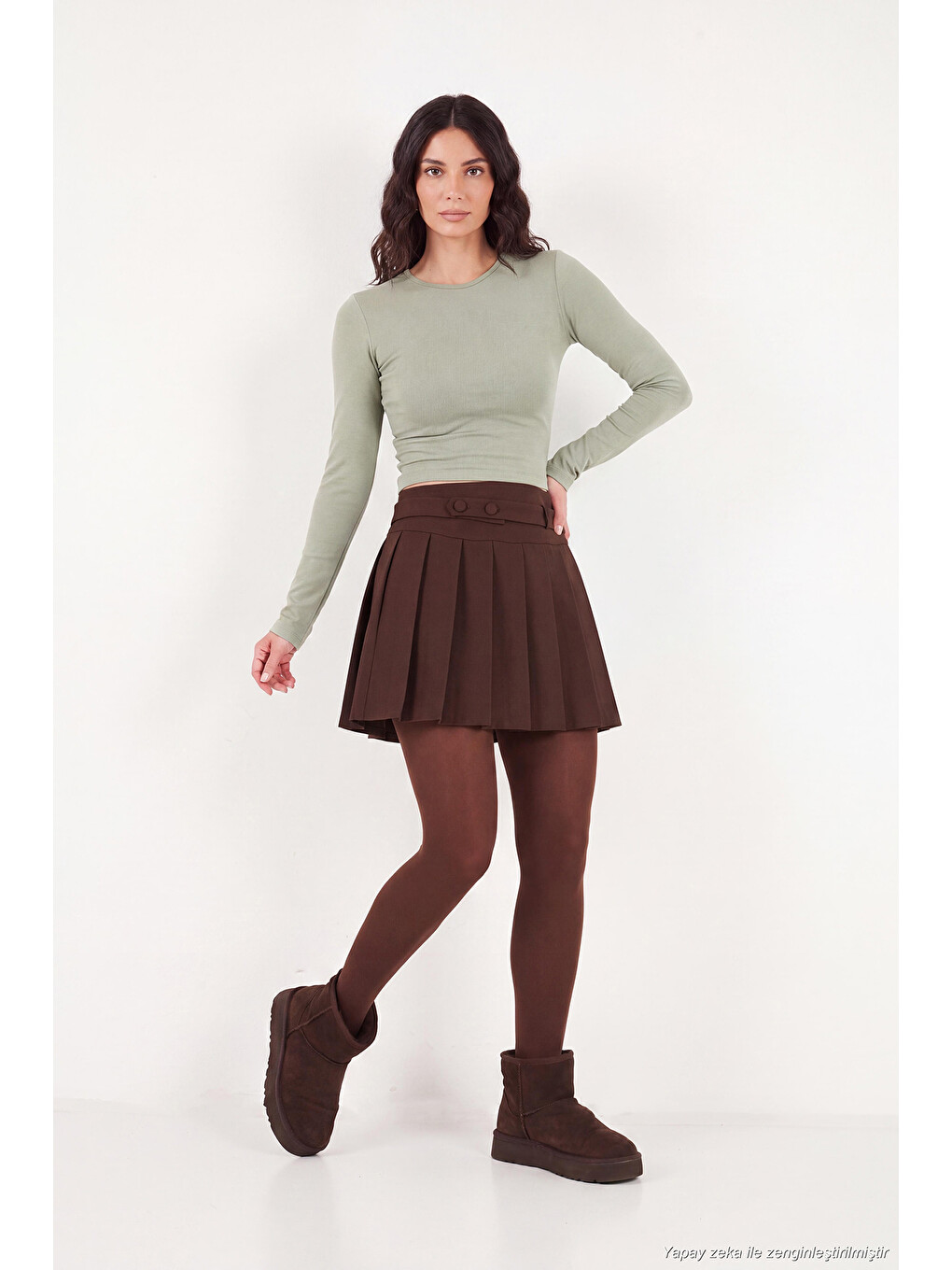 Yeşil Pamuklu Bisiklet Yaka Crop Bluz 5867060-1