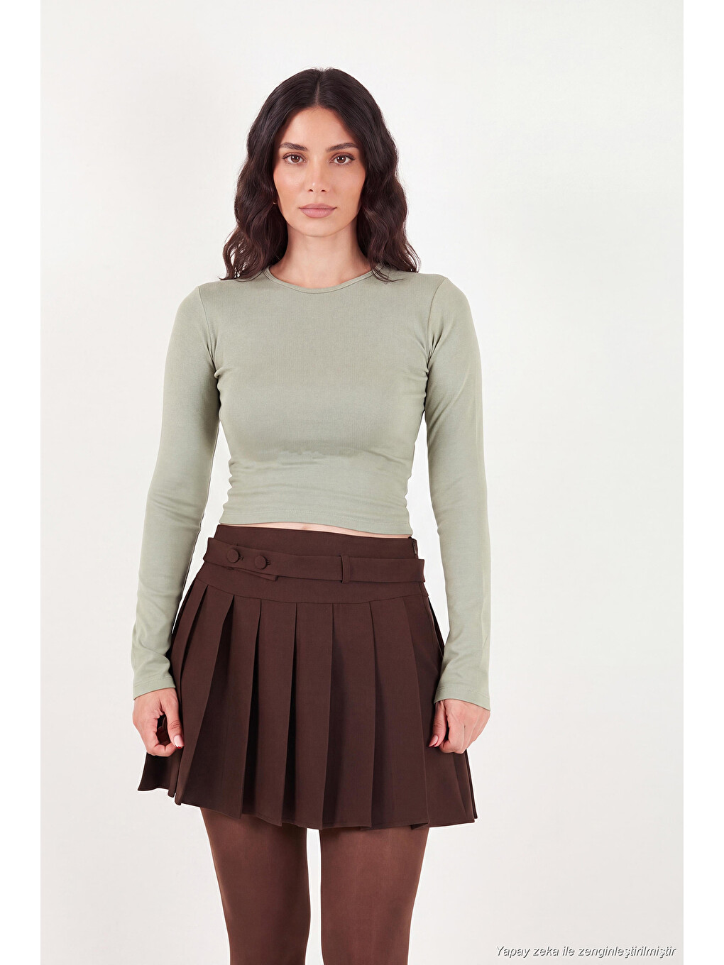 Yeşil Pamuklu Bisiklet Yaka Crop Bluz 5867060-2