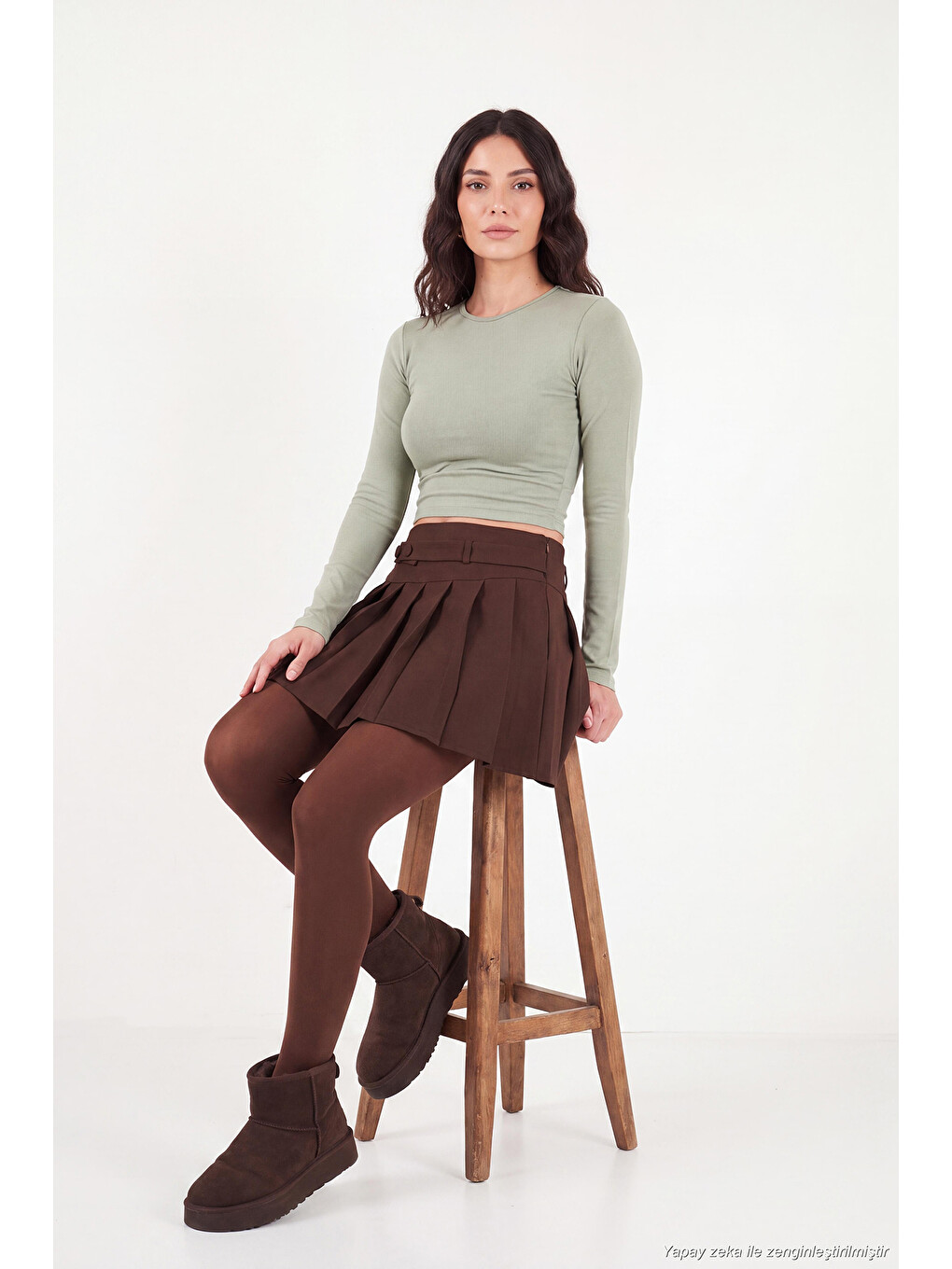 Yeşil Pamuklu Bisiklet Yaka Crop Bluz 5867060-5