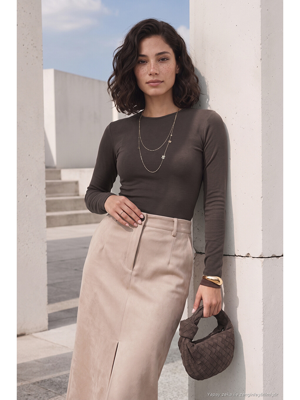 Kahverengi Pamuklu Bisiklet Yaka Crop Bluz 5867060