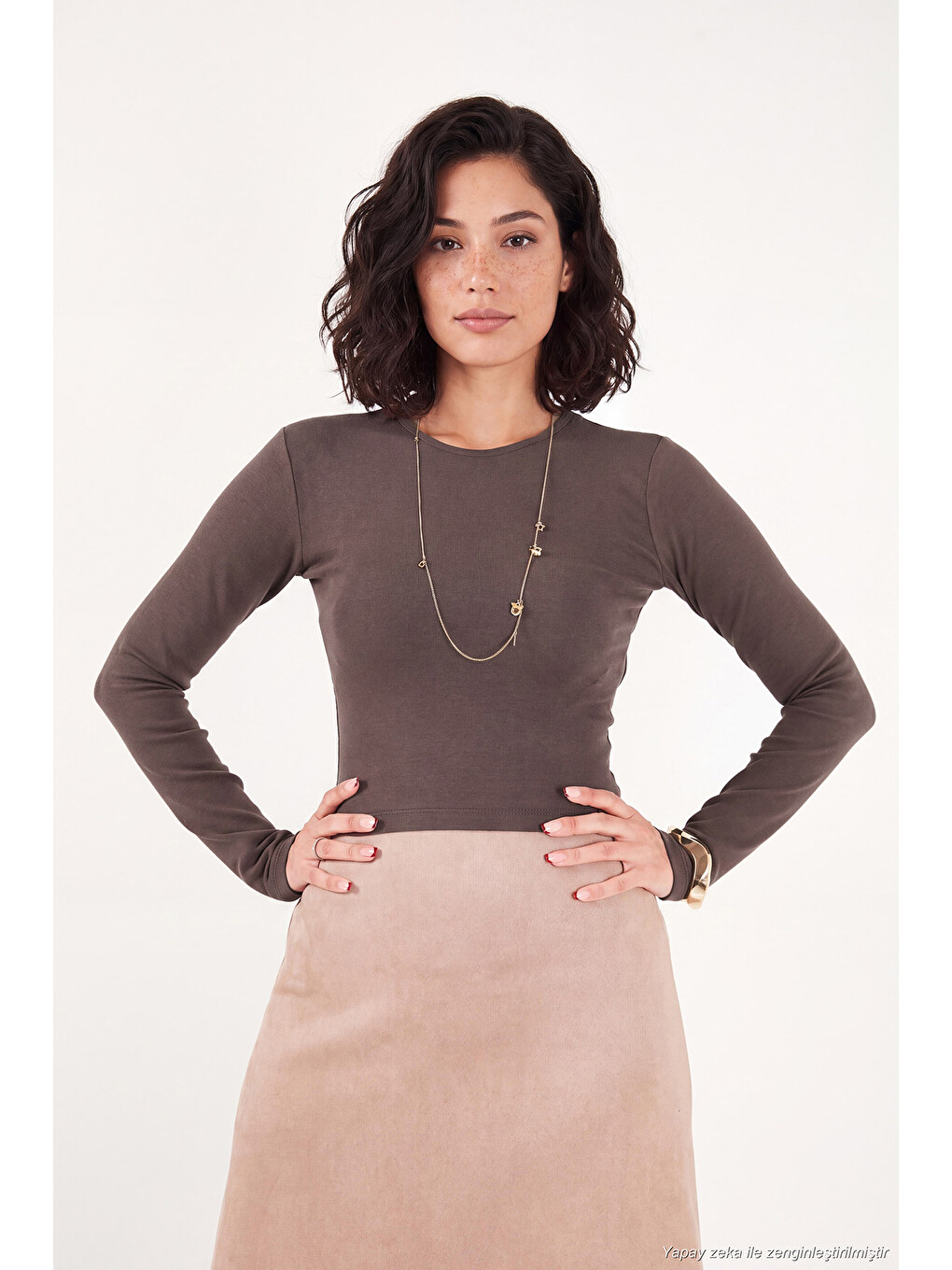 Kahverengi Pamuklu Bisiklet Yaka Crop Bluz 5867060-2