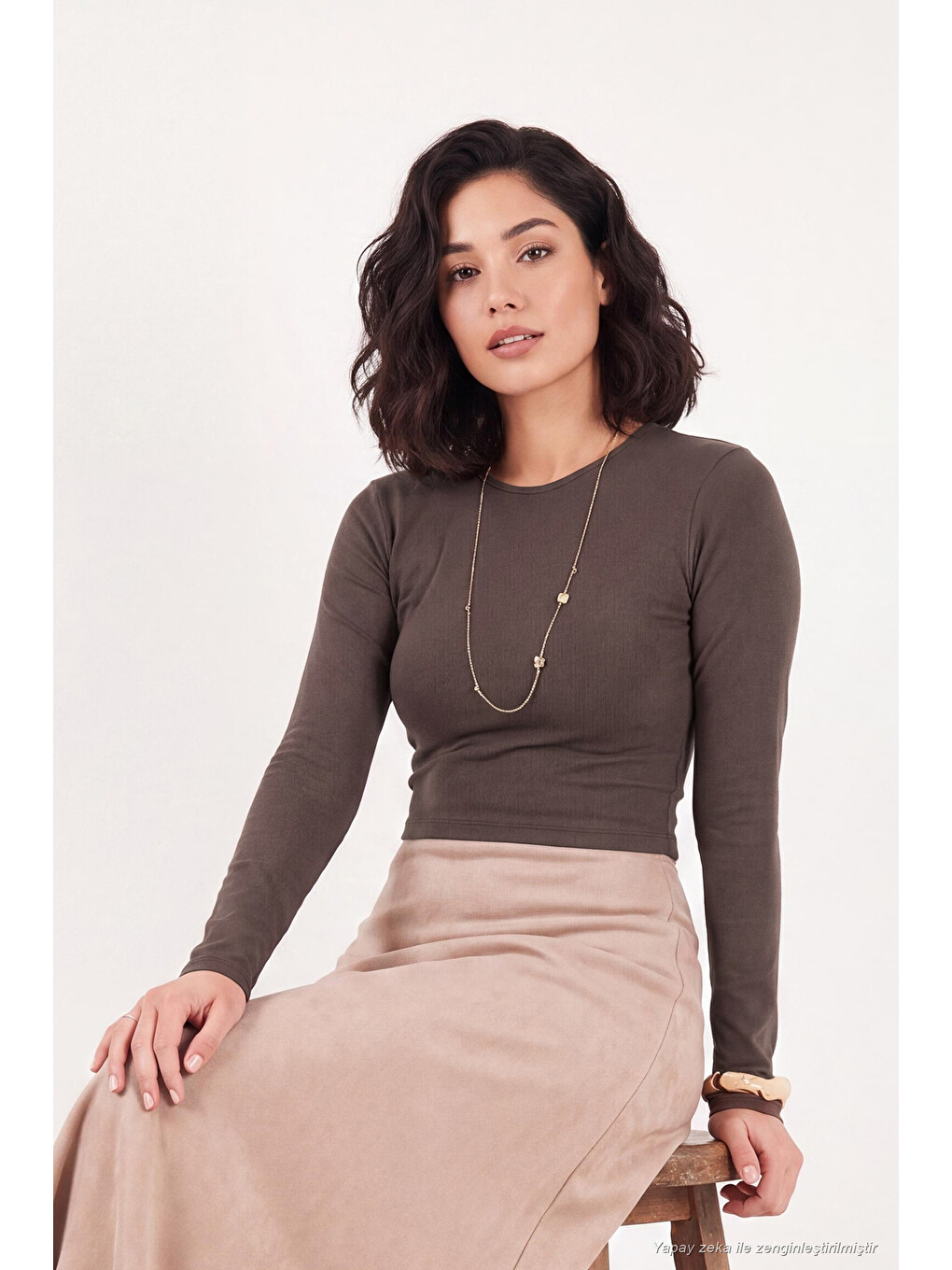 Kahverengi Pamuklu Bisiklet Yaka Crop Bluz 5867060-3