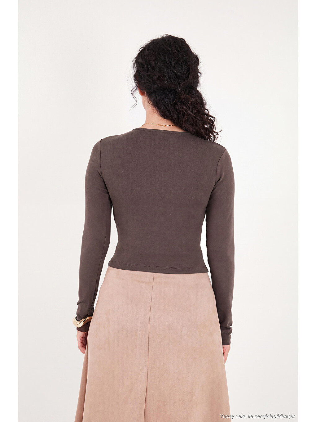 Kahverengi Pamuklu Bisiklet Yaka Crop Bluz 5867060-5