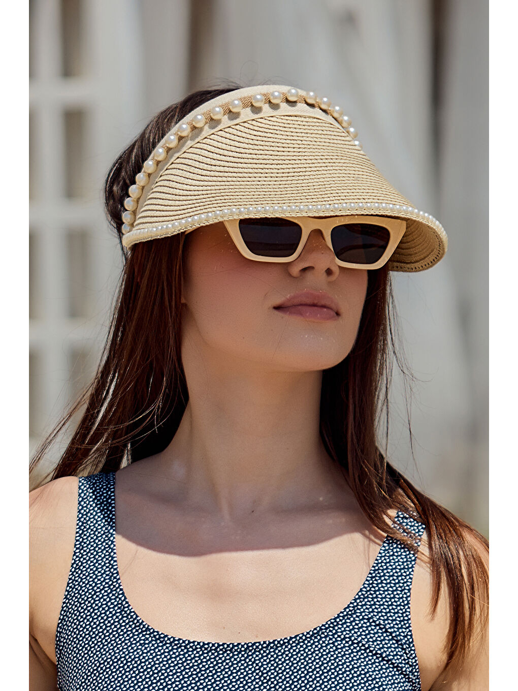 İnci Detaylı Vizör Hasır Şapka Güneş Koruyucu Siperlik RŞ-2088 Bej01-1