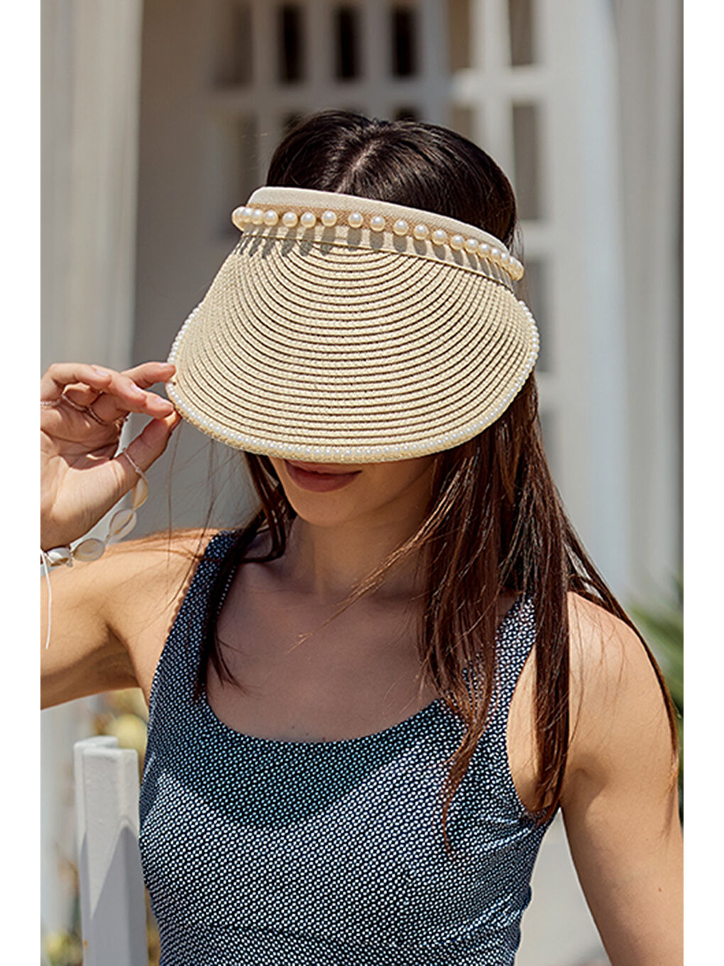 İnci Detaylı Vizör Hasır Şapka Güneş Koruyucu Siperlik RŞ-2088 Bej01-2