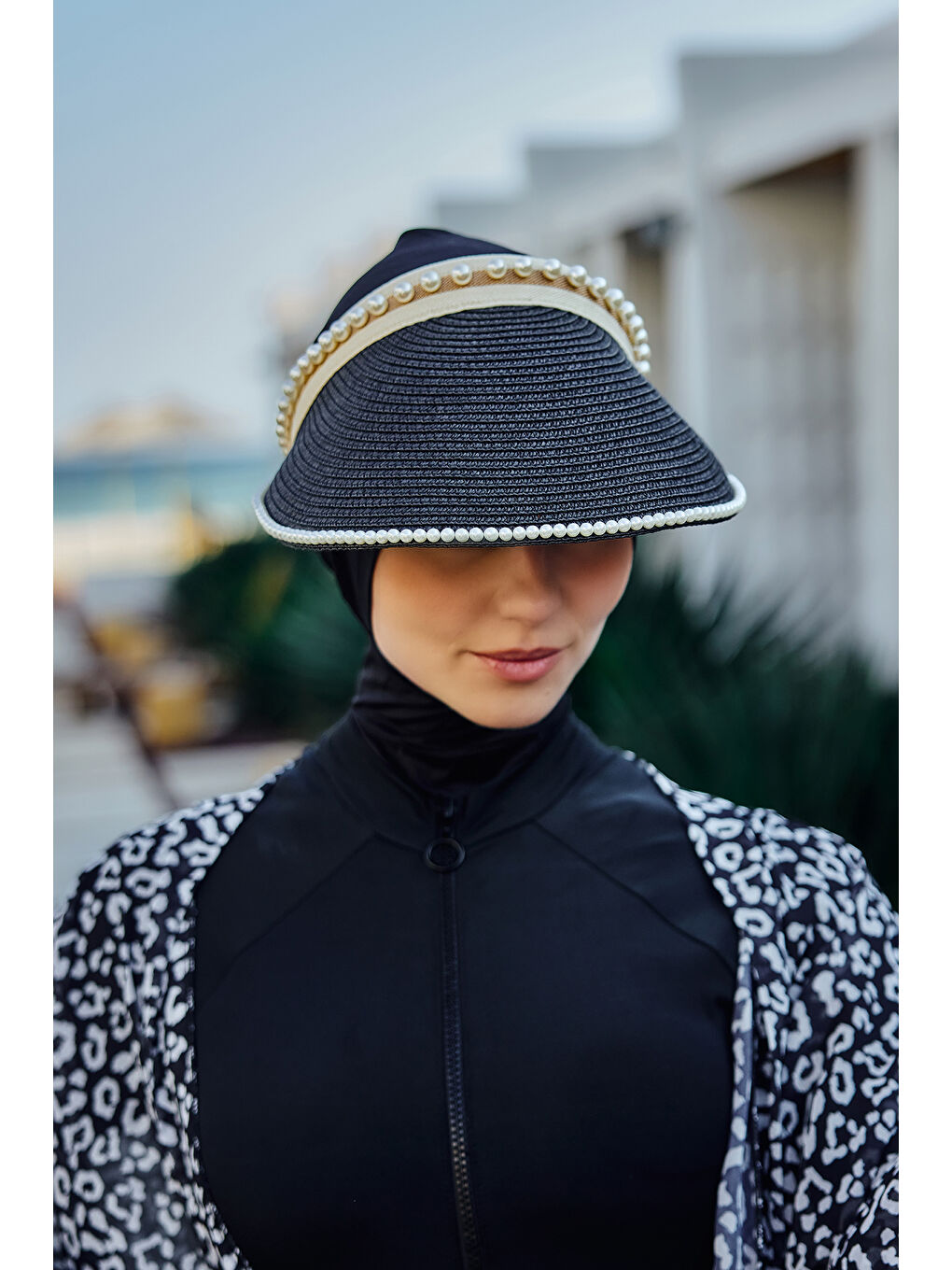 İnci Detaylı Vizör Hasır Şapka Güneş Koruyucu Siperlik RŞ-2088 Siyah01-1
