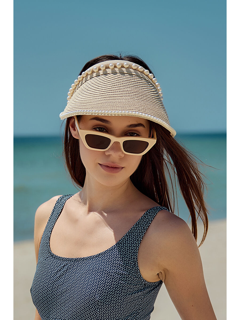 İnci Detaylı Vizör Hasır Şapka Güneş Koruyucu Siperlik RŞ-2088 Bej01-4
