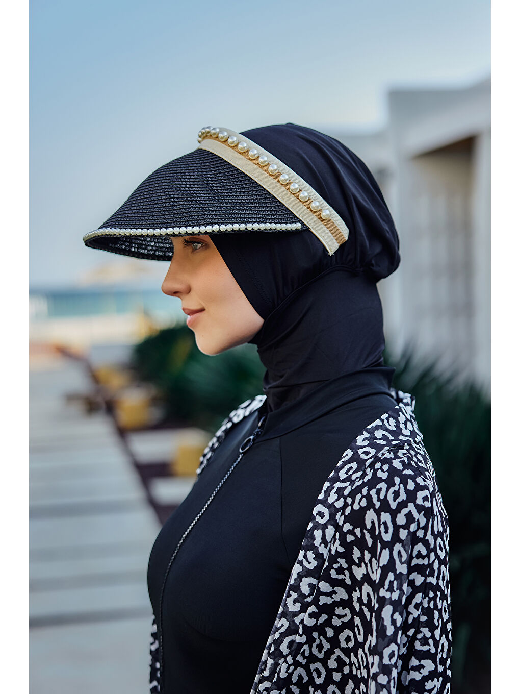 İnci Detaylı Vizör Hasır Şapka Güneş Koruyucu Siperlik RŞ-2088 Siyah01-2