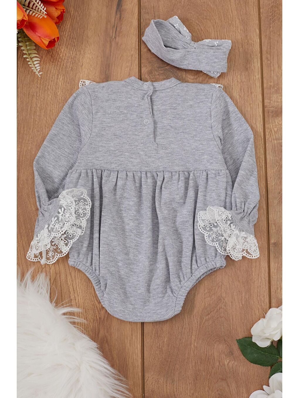 Gri Dantel Detaylı Uzun Kollu Bandanalı Çıtçıtlı Badi 17368-3