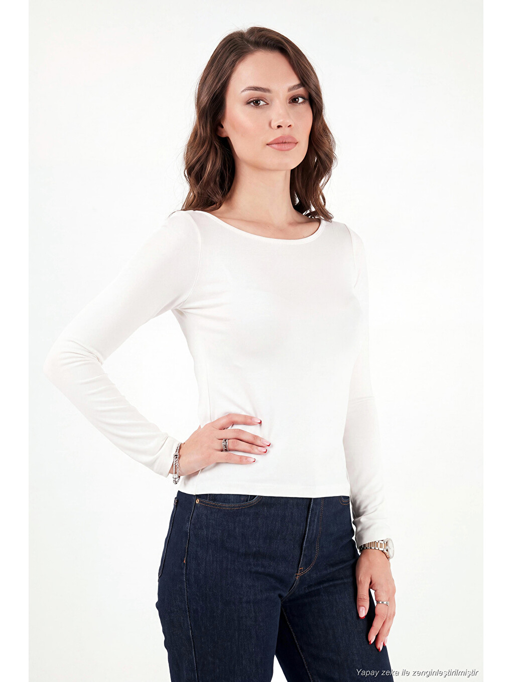 Ekru Kayık Yaka Basic Uzun Kollu Kadın Bluz 5867061-2