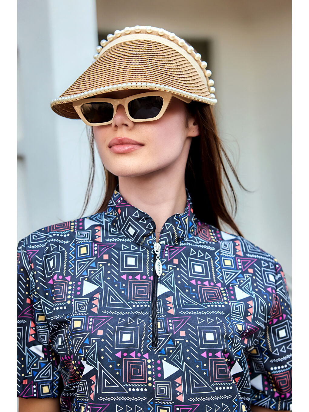 Kahverengi İnci Detaylı Vizör Hasır Şapka Güneş Koruyucu Siperlik RŞ-2088 Camel01-1