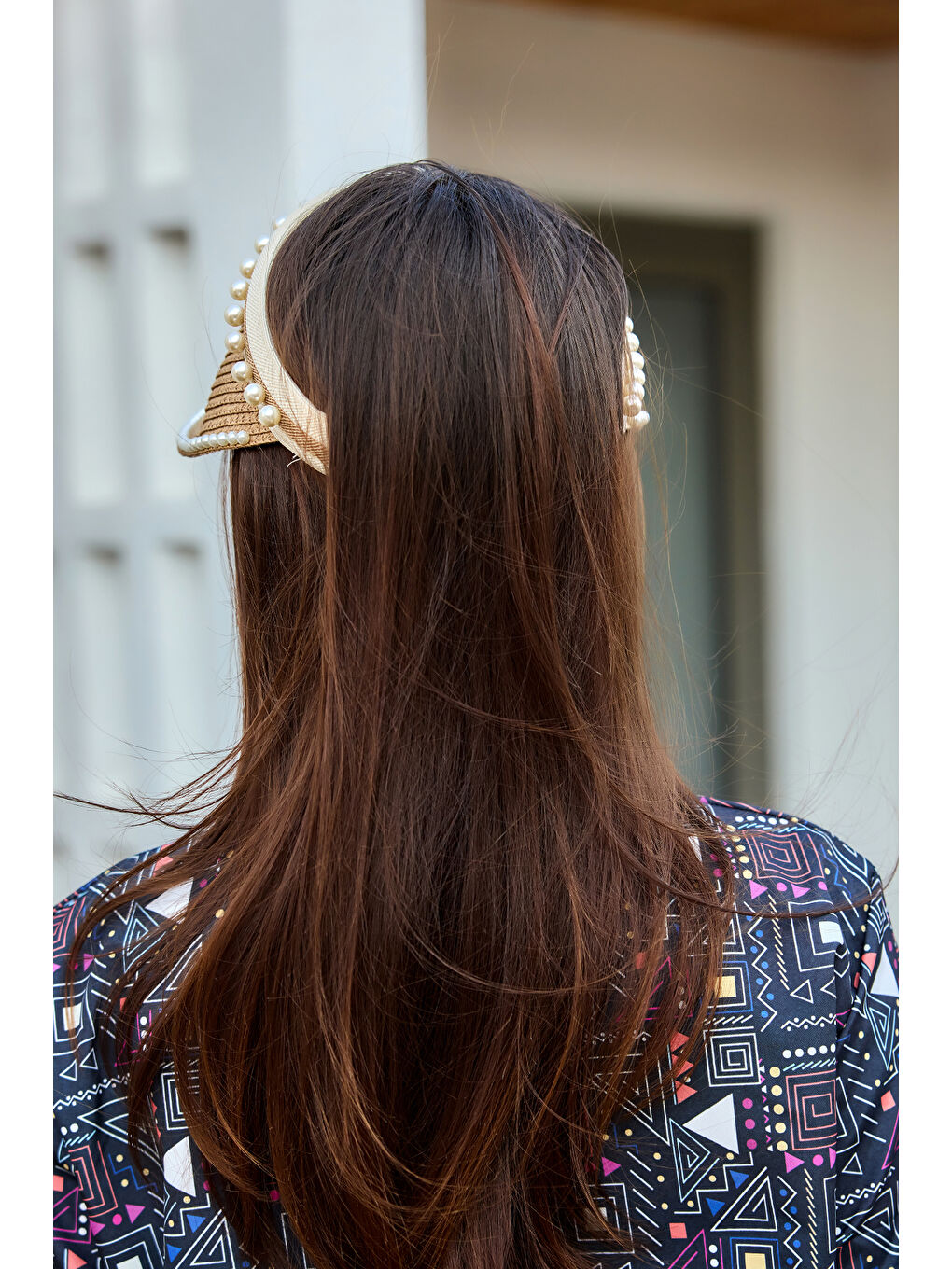 Kahverengi İnci Detaylı Vizör Hasır Şapka Güneş Koruyucu Siperlik RŞ-2088 Camel01-2