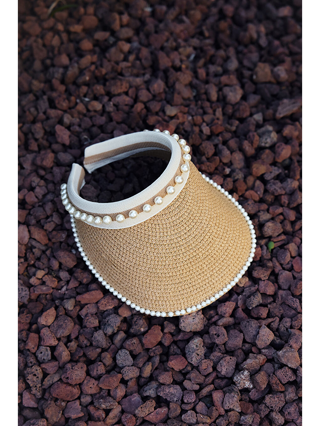 Kahverengi İnci Detaylı Vizör Hasır Şapka Güneş Koruyucu Siperlik RŞ-2088 Camel01-3