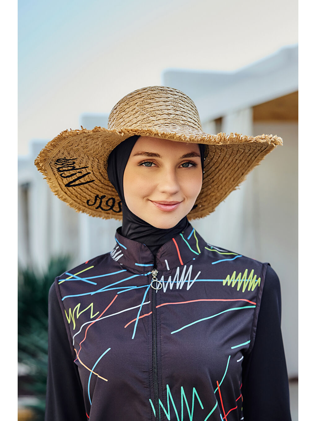 Kahverengi Kenarları Püsküllü Nakış Detaylı Hasır Şapka Plaj Şapkası RŞ-2112 Camel02-1