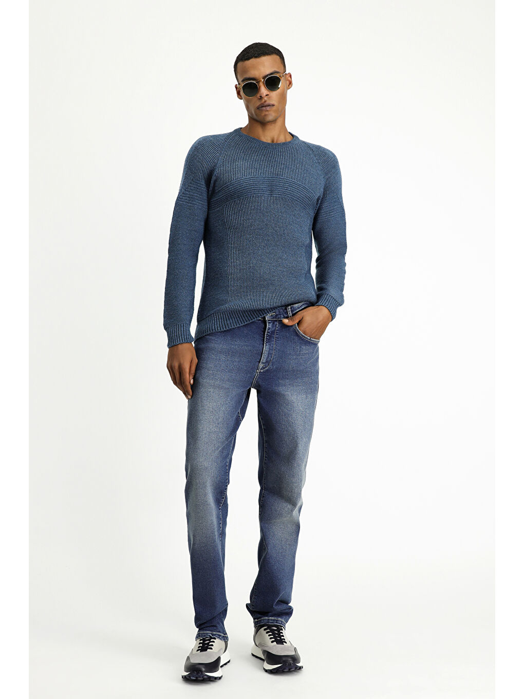 İndigo Bisiklet Yaka Regular Fit Dikişsiz Desenli Triko Kazak-2