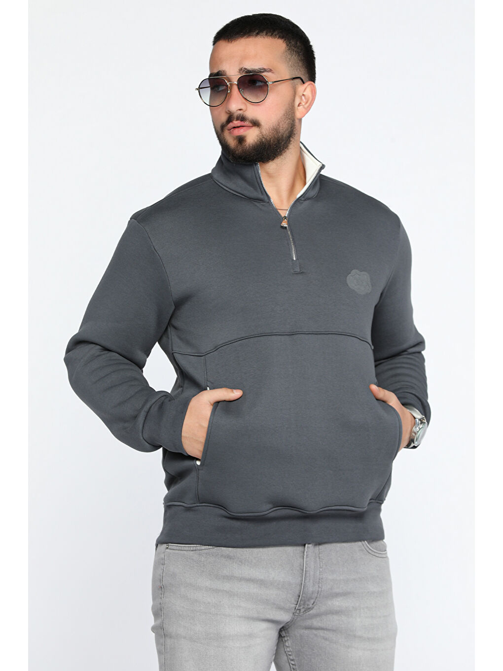 Mishar İtalia Gri Yarım Fermuarlı Cepli Double Face Erkek Sweatshirt