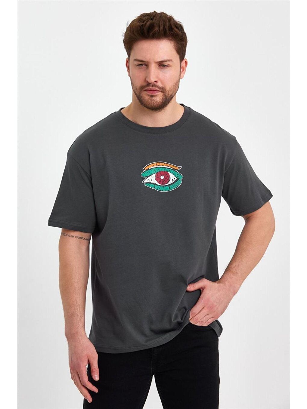 Gri Erkek Oversize Bisiklet Yaka Kısa Kol Arka ve Ön Baskılı %100 Pamuk Tişört