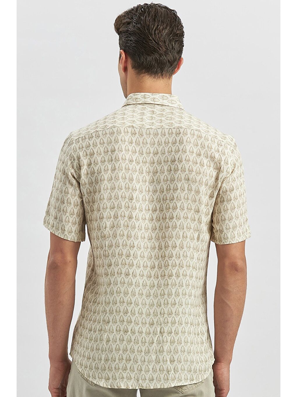 Yeşil Kısa Kollu Baskılı Düğmeli Yaka Keten Casual Slim Fit Dar Kesim Gömlek 1004240241-4