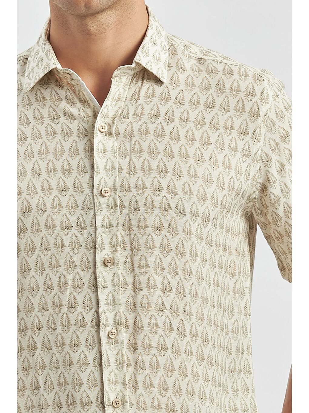 Yeşil Kısa Kollu Baskılı Düğmeli Yaka Keten Casual Slim Fit Dar Kesim Gömlek 1004240241-5