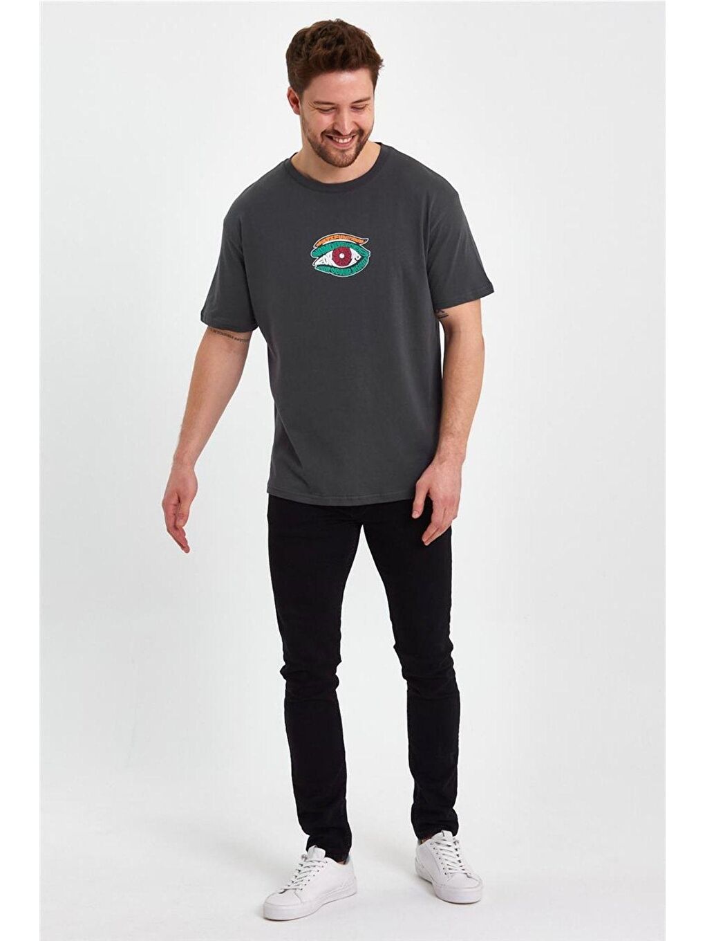Gri Erkek Oversize Bisiklet Yaka Kısa Kol Arka ve Ön Baskılı %100 Pamuk Tişört-1