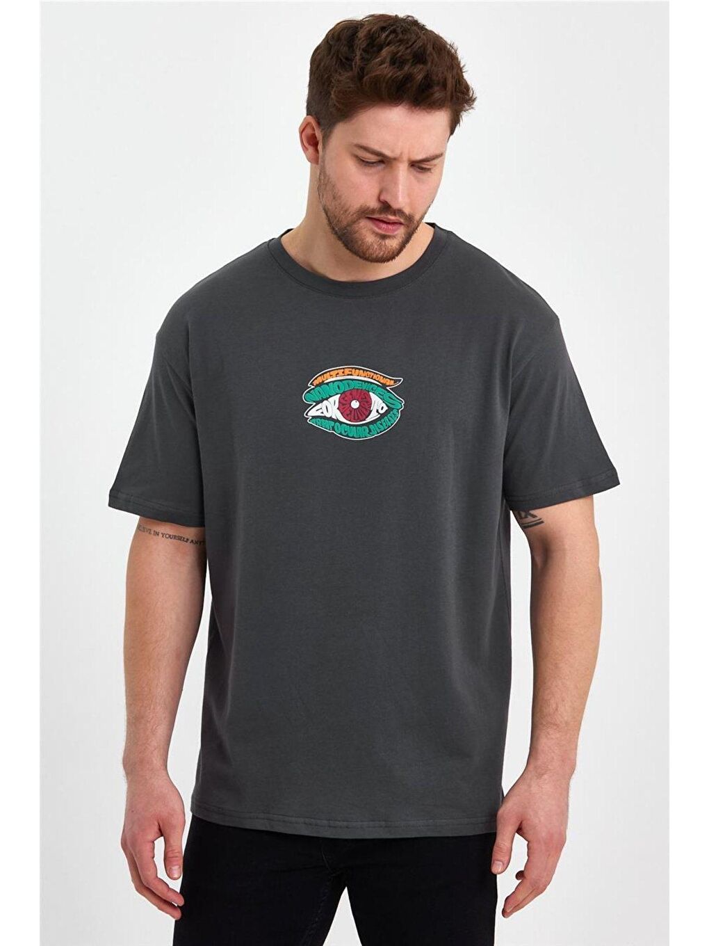 Gri Erkek Oversize Bisiklet Yaka Kısa Kol Arka ve Ön Baskılı %100 Pamuk Tişört-2