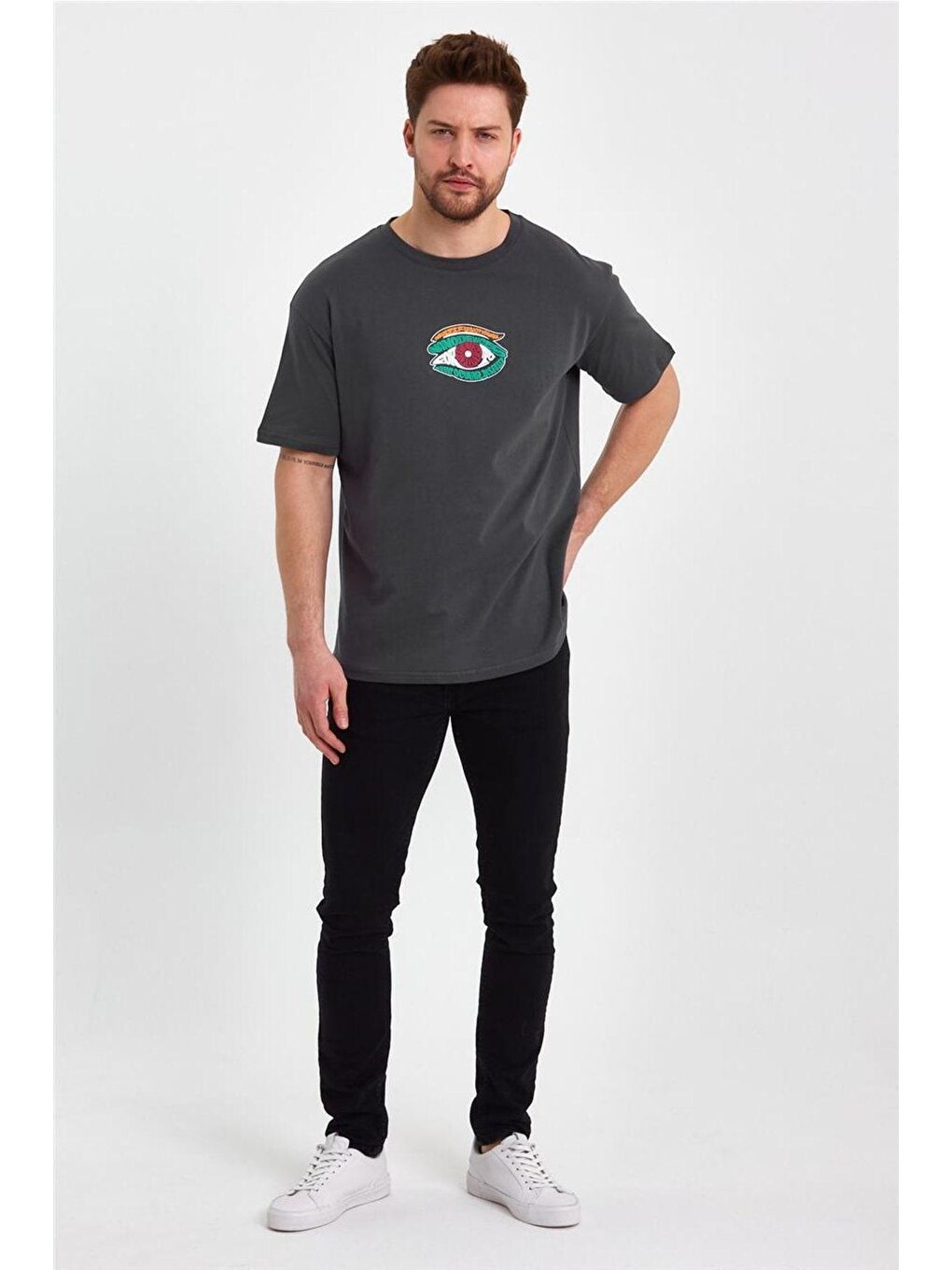 Gri Erkek Oversize Bisiklet Yaka Kısa Kol Arka ve Ön Baskılı %100 Pamuk Tişört-3