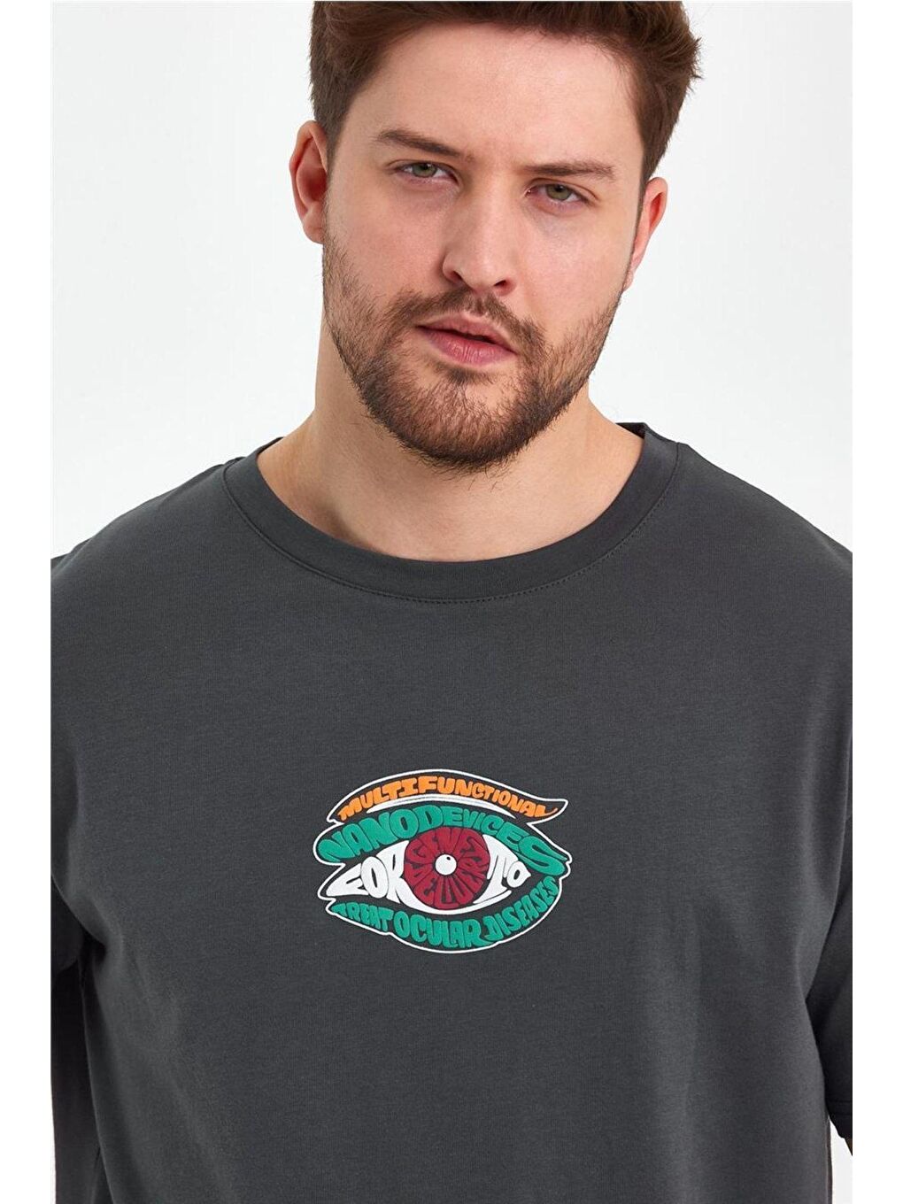 Gri Erkek Oversize Bisiklet Yaka Kısa Kol Arka ve Ön Baskılı %100 Pamuk Tişört-4