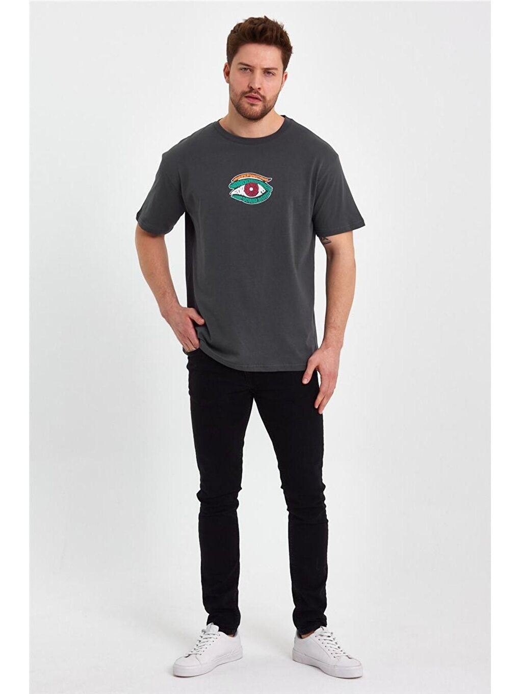 Gri Erkek Oversize Bisiklet Yaka Kısa Kol Arka ve Ön Baskılı %100 Pamuk Tişört-5