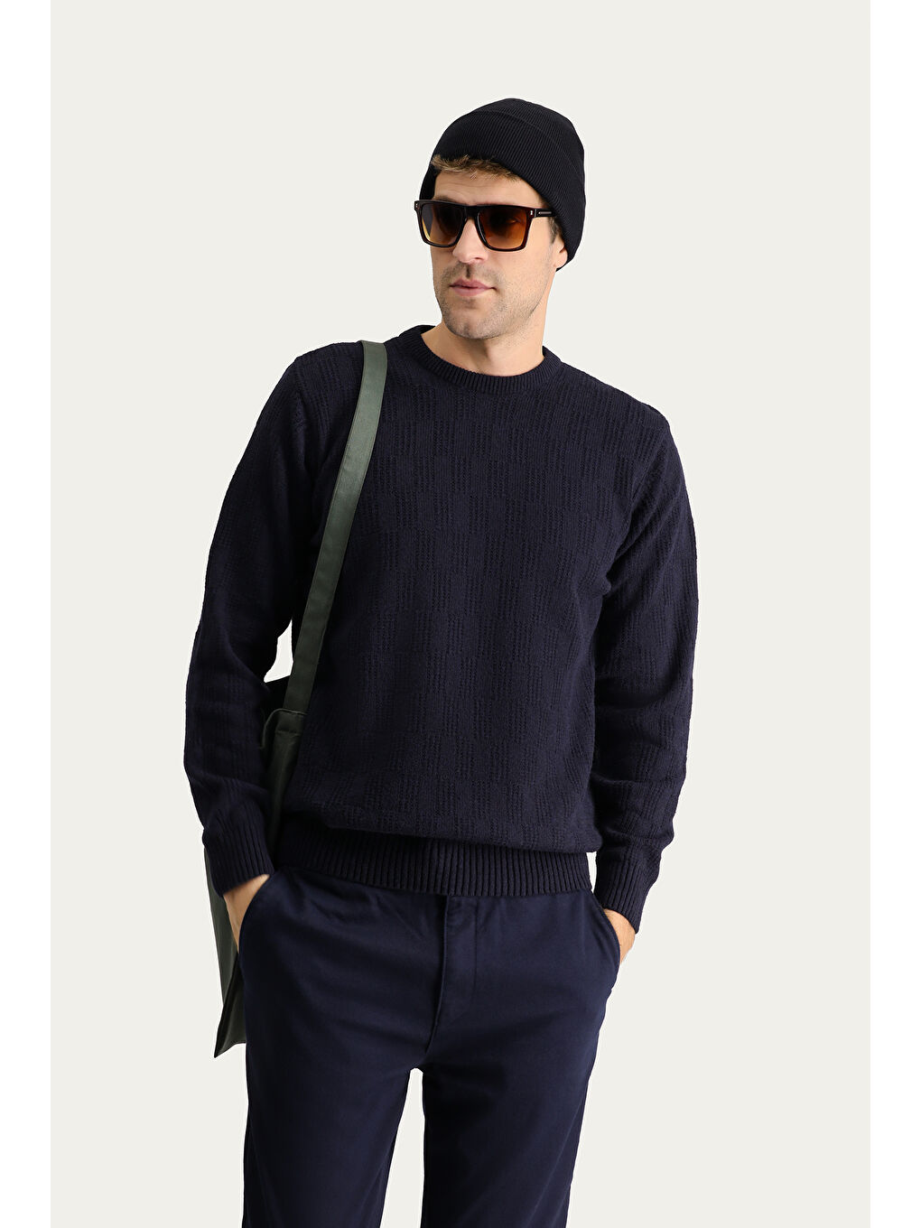 Lacivert Bisiklet Yaka Regular Fit Yünlü Düz Triko Kazak