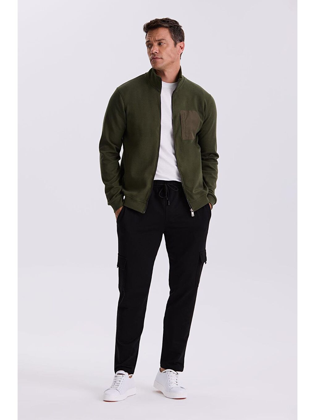 Haki Slim Fit Fermuarlı Pamuklu Elastanlı Eşofman Üstü