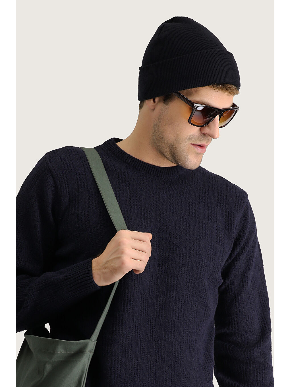 Lacivert Bisiklet Yaka Regular Fit Yünlü Düz Triko Kazak-1