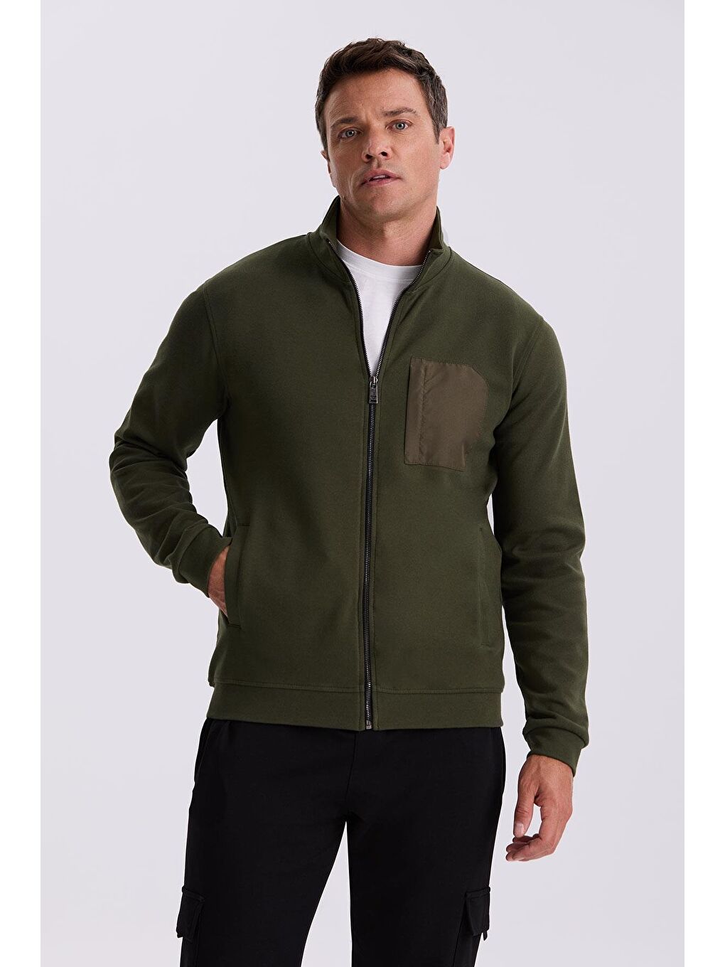 Haki Slim Fit Fermuarlı Pamuklu Elastanlı Eşofman Üstü-1