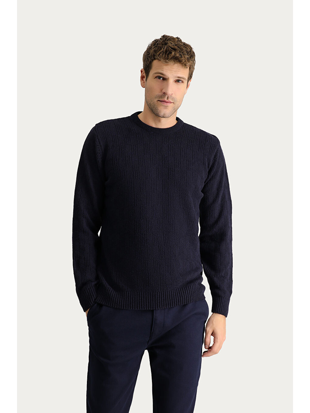 Lacivert Bisiklet Yaka Regular Fit Yünlü Düz Triko Kazak-2