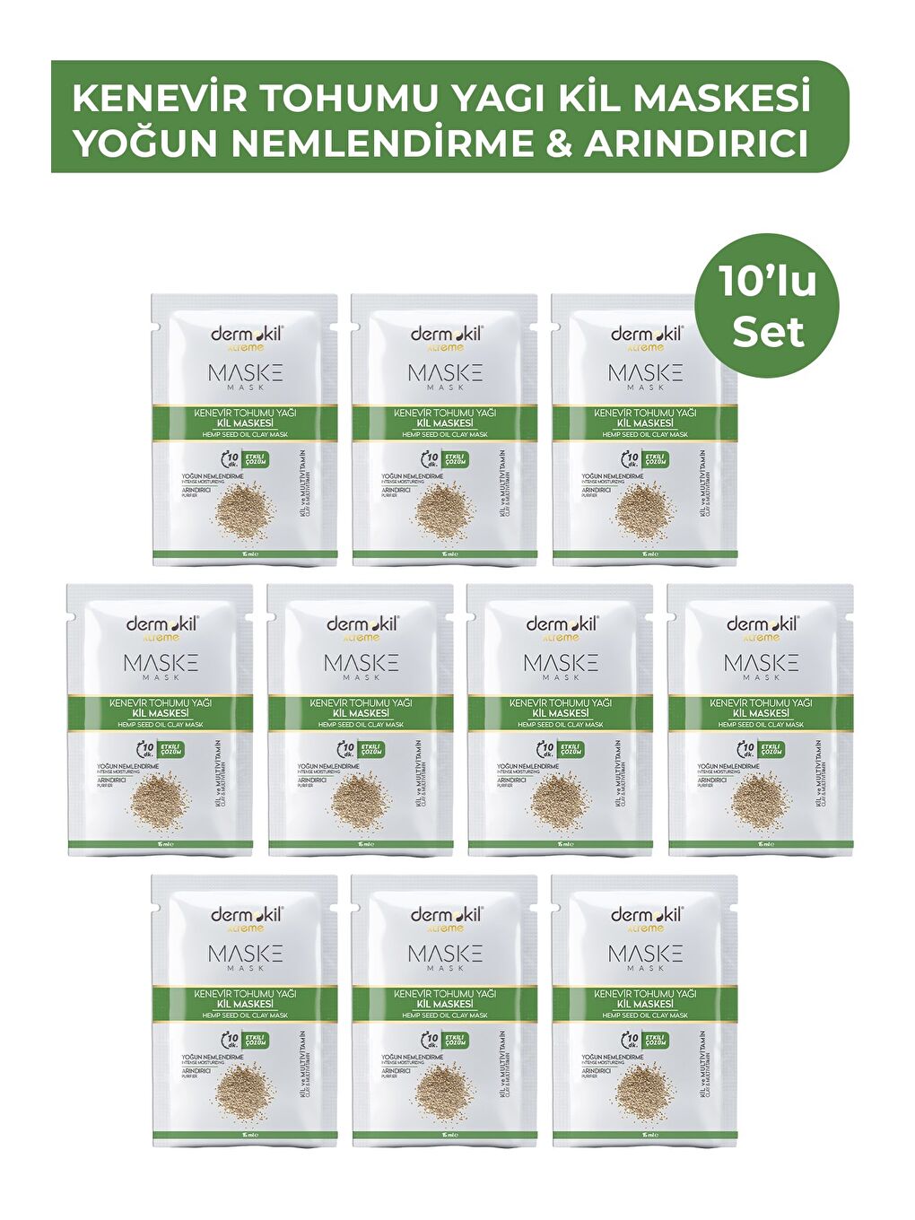 Yoğun Nemlendirici & Arındırıcı Kenevir Tohumu Yağlı Kil Maskesi 15 ml x 10 Adet