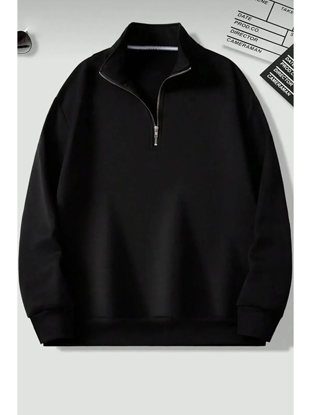 Siyah Dik Yaka Yarım Fermuarlı Düz Kazak Sweatshirt