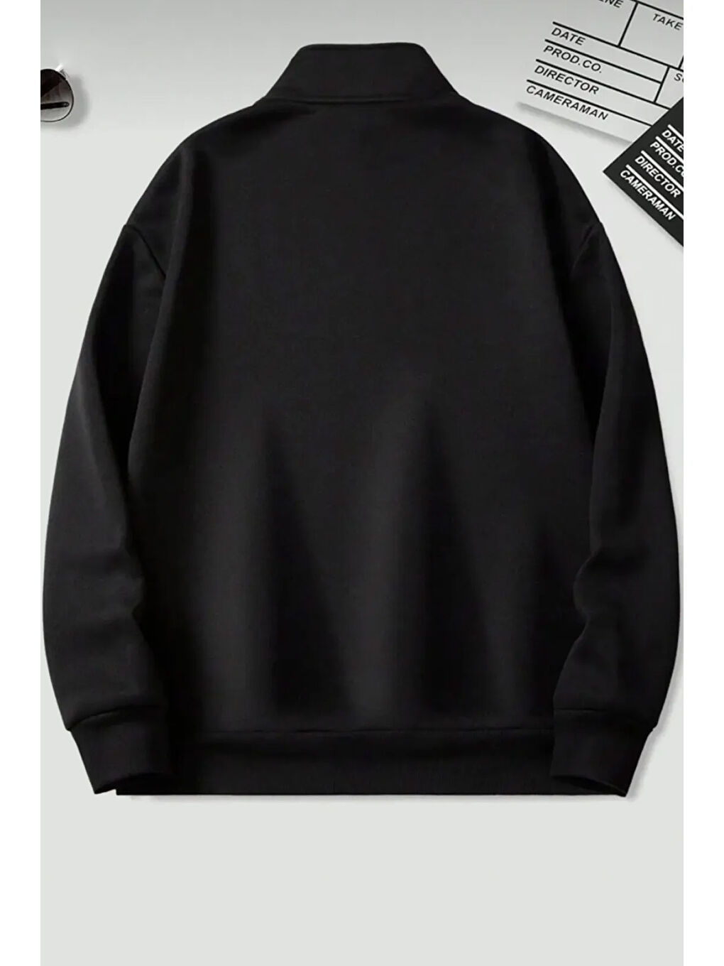 Siyah Dik Yaka Yarım Fermuarlı Düz Kazak Sweatshirt-1