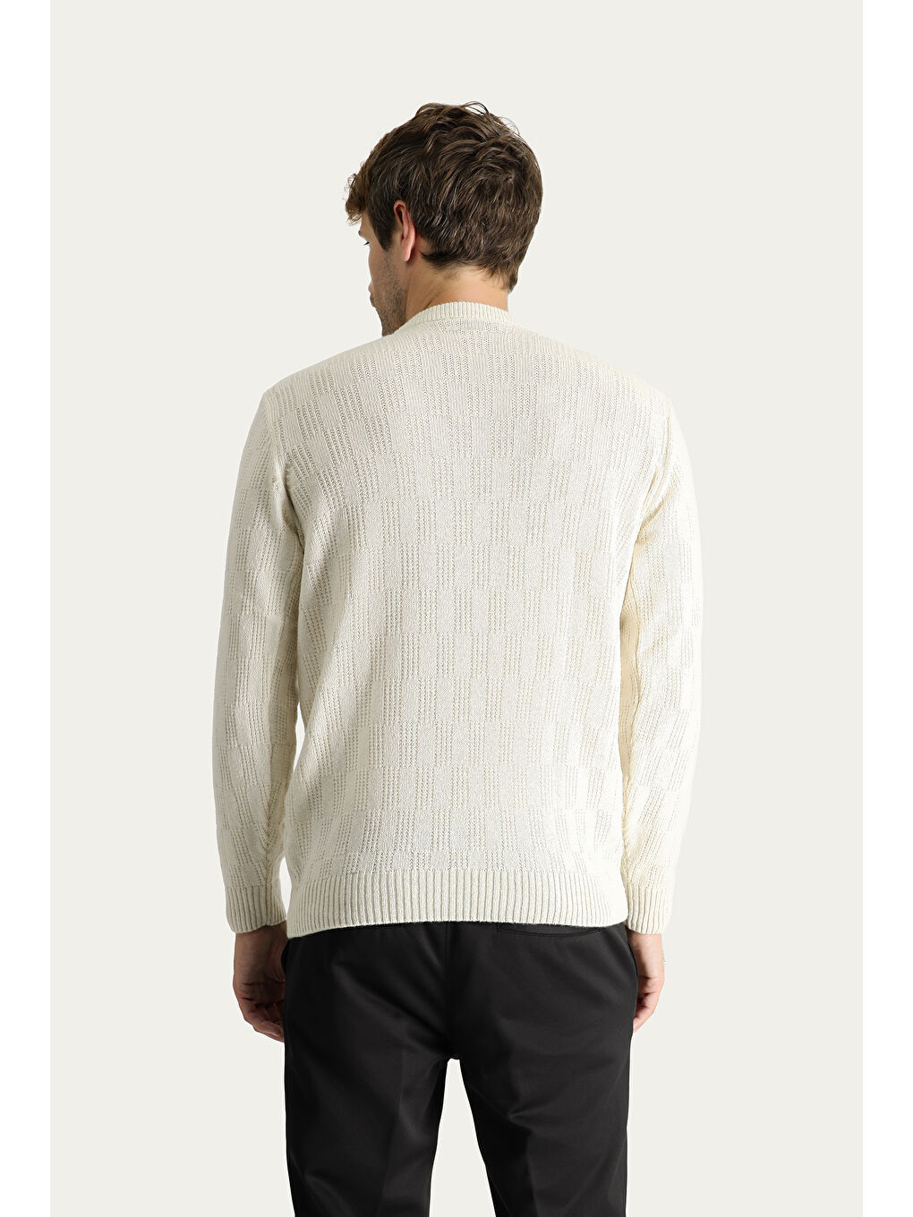 Ekru Bisiklet Yaka Regular Fit Yünlü Düz Triko Kazak-2