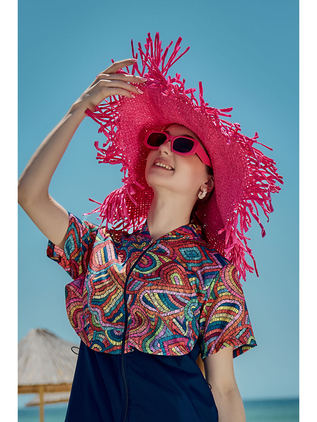 Saçak Detaylı Hasır Plaj Şapkası RŞ-2108 Fuşya-4